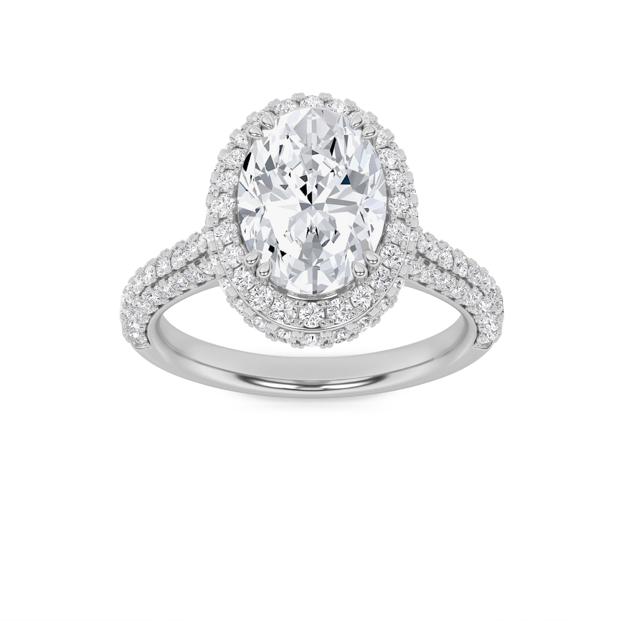 3CTW Oval Shaped Lab Grown Diamond (F/VS) Halo Accented Engagement Ring in 14K Gold