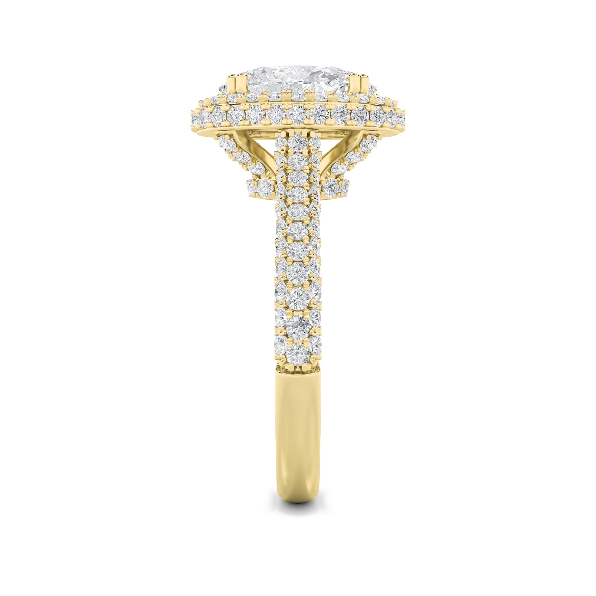 3CTW Oval Shaped Lab Grown Diamond (G/VS) Halo Accented Engagement Ring in 14K Gold