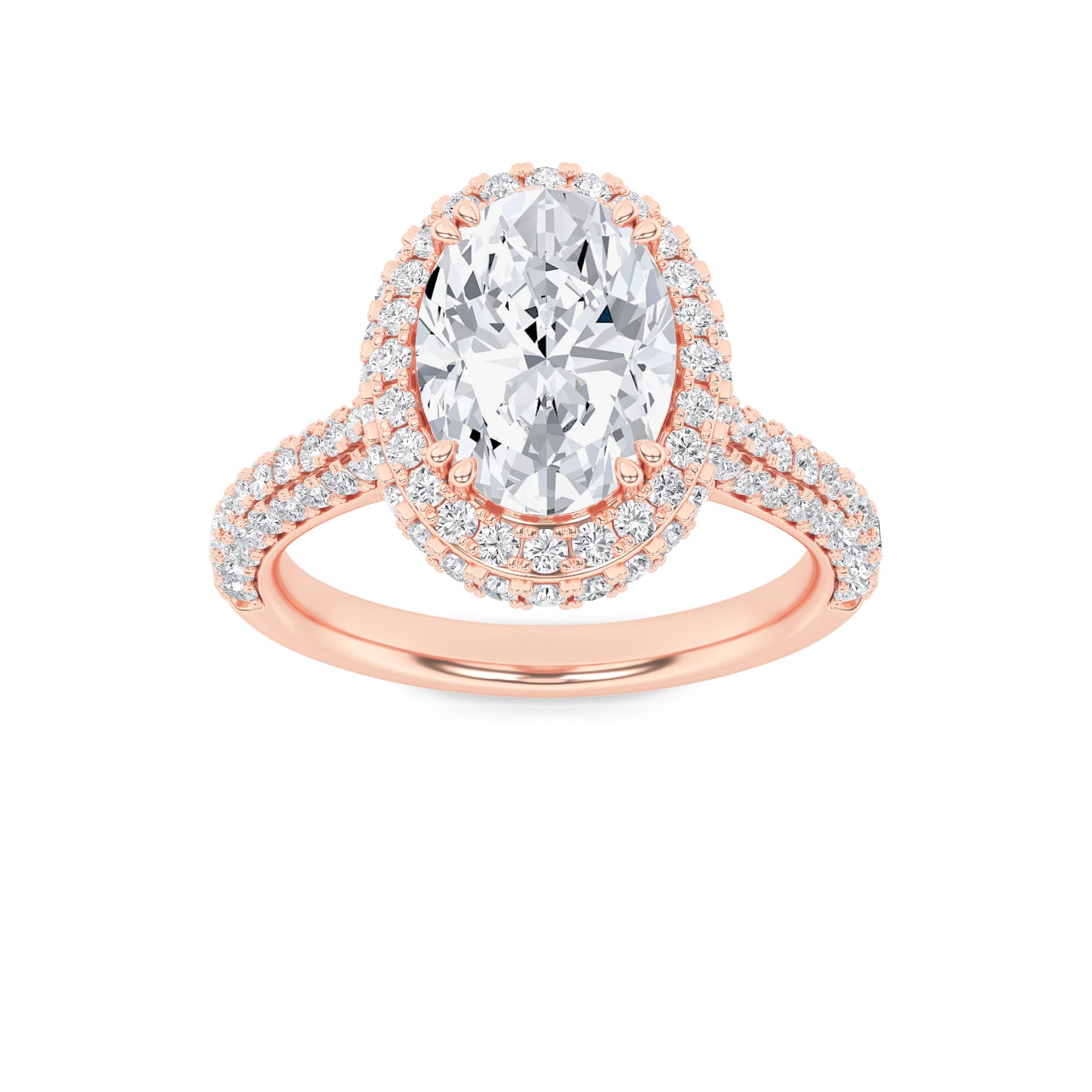 3CTW Oval Shaped Lab Grown Diamond (F/VS) Halo Accented Engagement Ring in 14K Gold
