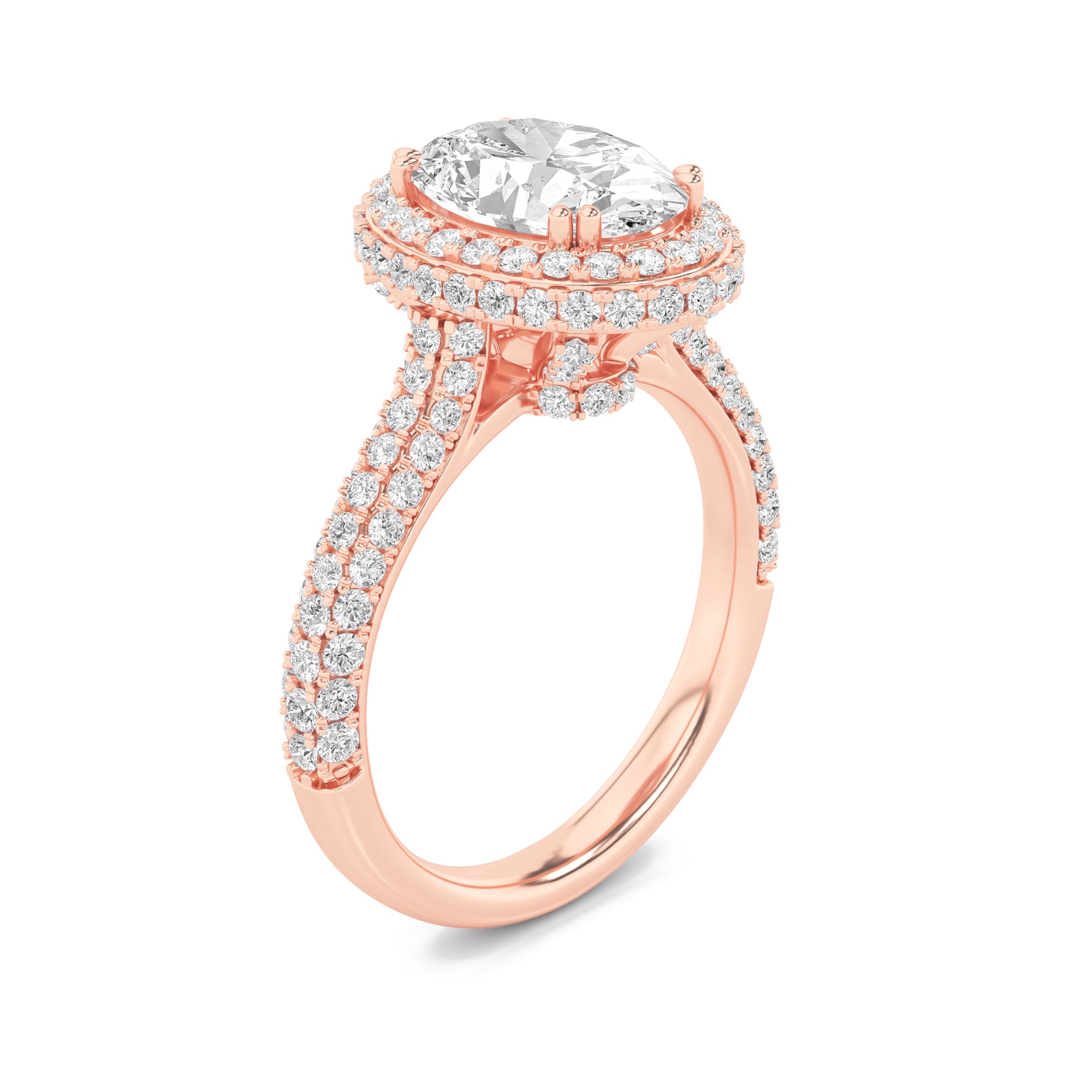 3CTW Oval Shaped Lab Grown Diamond (F/VS) Halo Accented Engagement Ring in 14K Gold