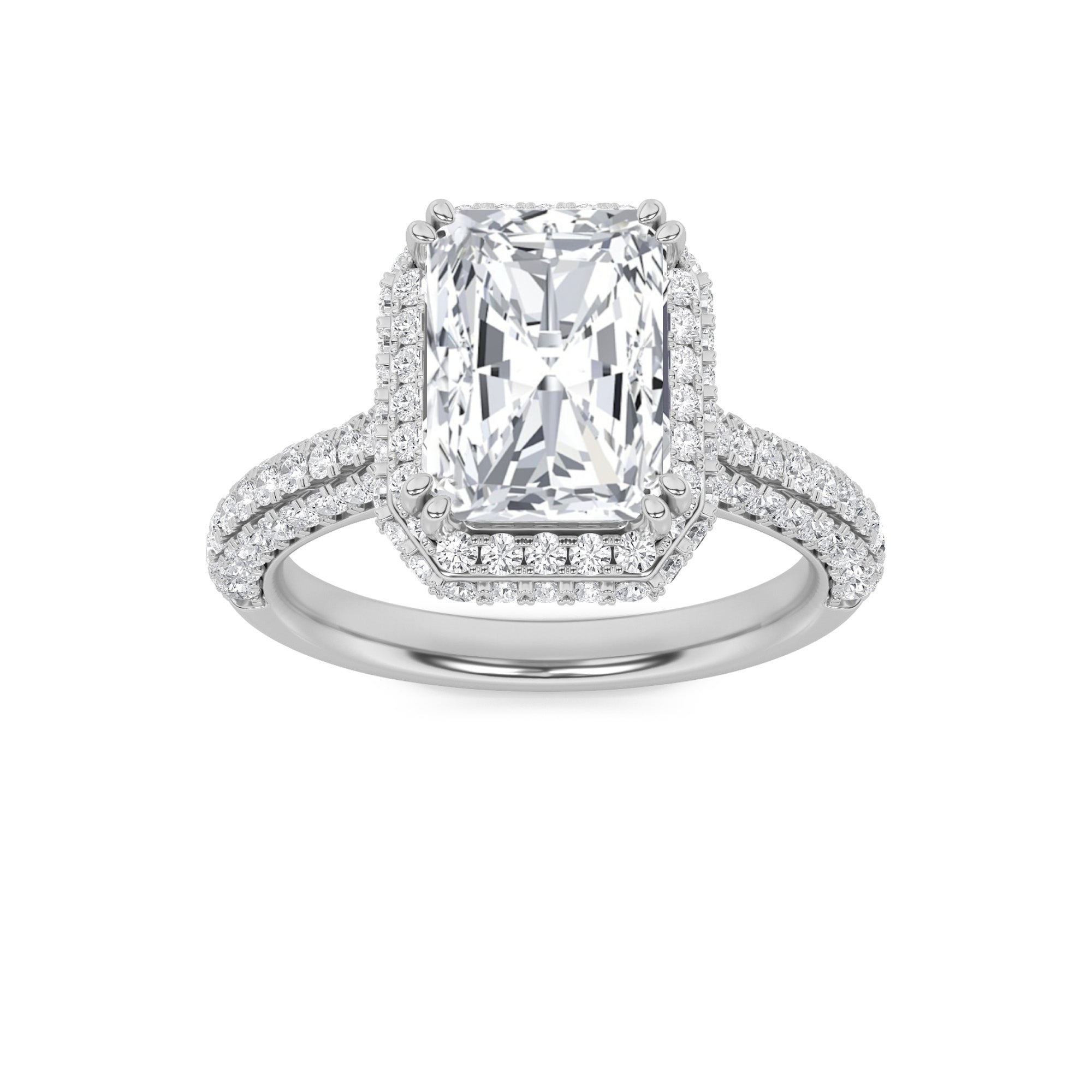 3CTW Radiant Shaped Lab Grown Diamond (F/VS) Halo Accented Engagement Ring in 14K Gold