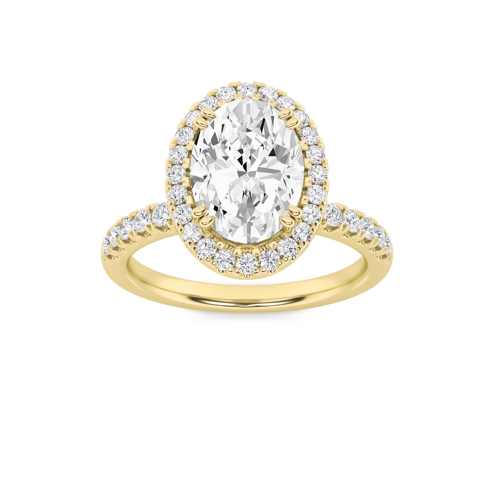 3CTW Oval Shaped Lab Grown Diamond (F/VS) Halo Accented Engagement Ring in 14K Gold