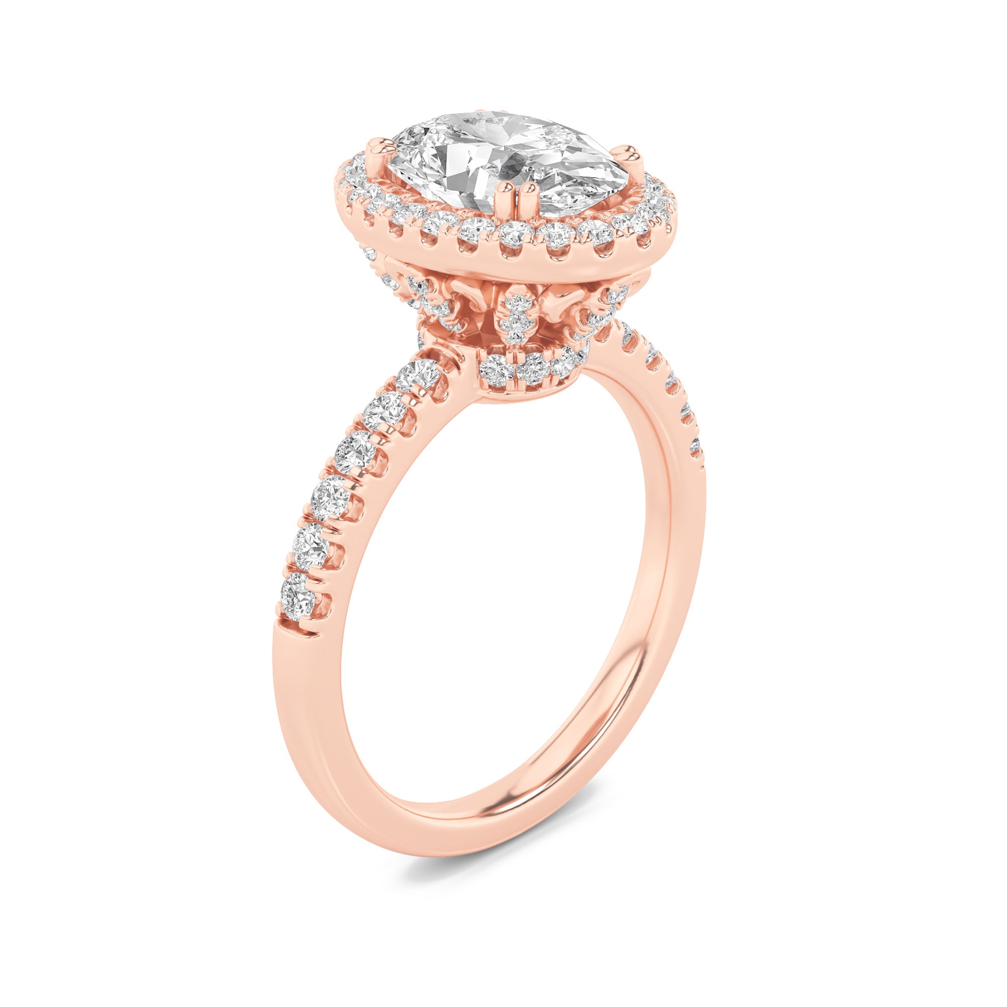 3CTW Oval Shaped Lab Grown Diamond (F/VS) Halo Accented Engagement Ring in 14K Gold
