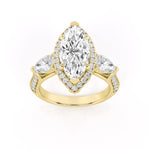3CTW Marquise Shaped Lab Grown Diamond (F/VS) Three Stone Halo Enagement Ring in 14K Gold