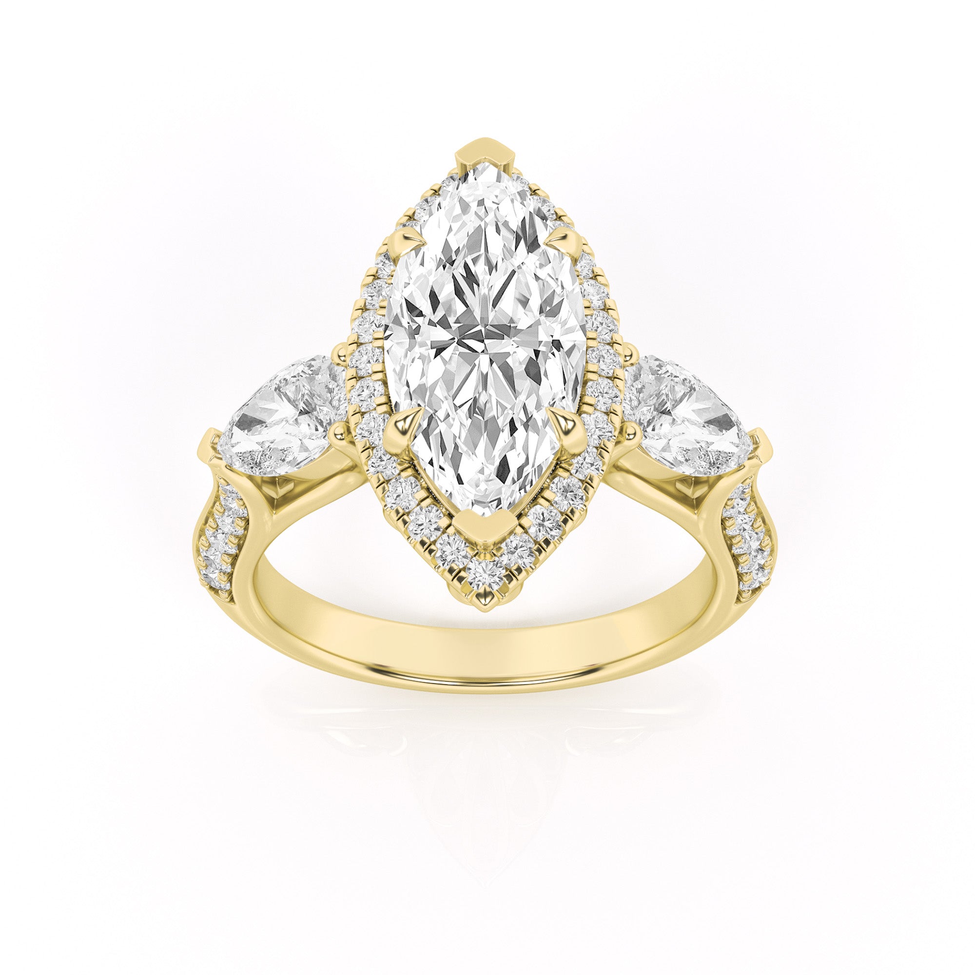 3CTW Marquise Shaped Lab Grown Diamond (F/VS) Three Stone Halo Enagement Ring in 14K Gold