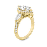 3CTW Marquise Shaped Lab Grown Diamond (F/VS) Three Stone Halo Enagement Ring in 14K Gold
