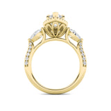 3CTW Marquise Shaped Lab Grown Diamond (F/VS) Three Stone Halo Enagement Ring in 14K Gold