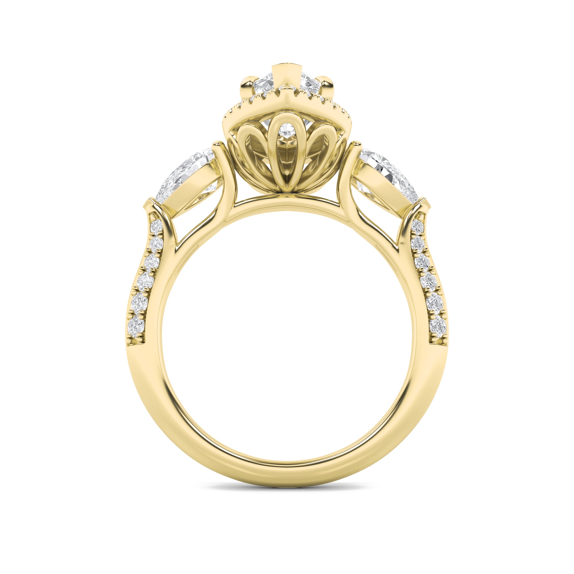 3CTW Marquise Shaped Lab Grown Diamond (F/VS) Three Stone Halo Enagement Ring in 14K Gold