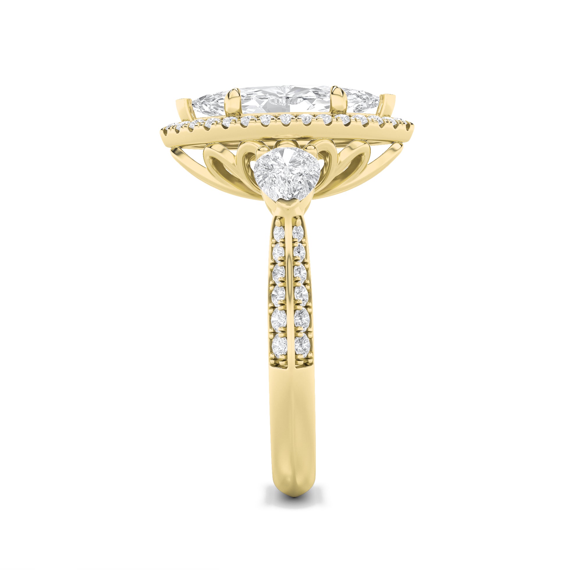 3CTW Marquise Shaped Lab Grown Diamond (F/VS) Three Stone Halo Enagement Ring in 14K Gold
