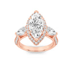 3CTW Marquise Shaped Lab Grown Diamond (F/VS) Three Stone Halo Enagement Ring in 14K Gold
