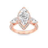 3CTW Marquise Shaped Lab Grown Diamond (F/VS) Three Stone Halo Enagement Ring in 14K Gold