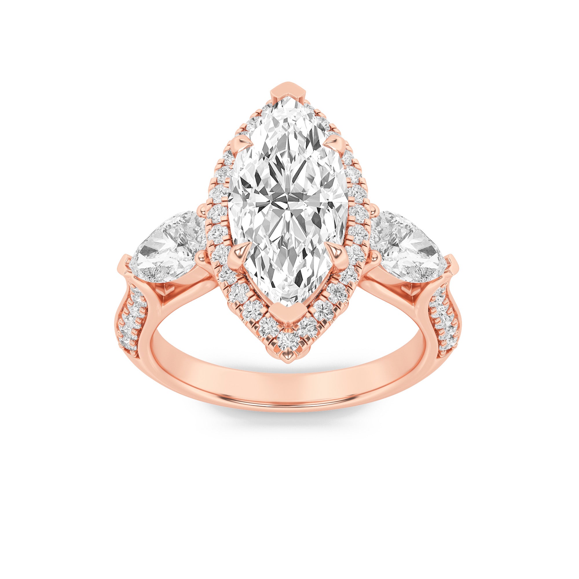 3CTW Marquise Shaped Lab Grown Diamond (F/VS) Three Stone Halo Enagement Ring in 14K Gold