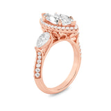 3CTW Marquise Shaped Lab Grown Diamond (F/VS) Three Stone Halo Enagement Ring in 14K Gold