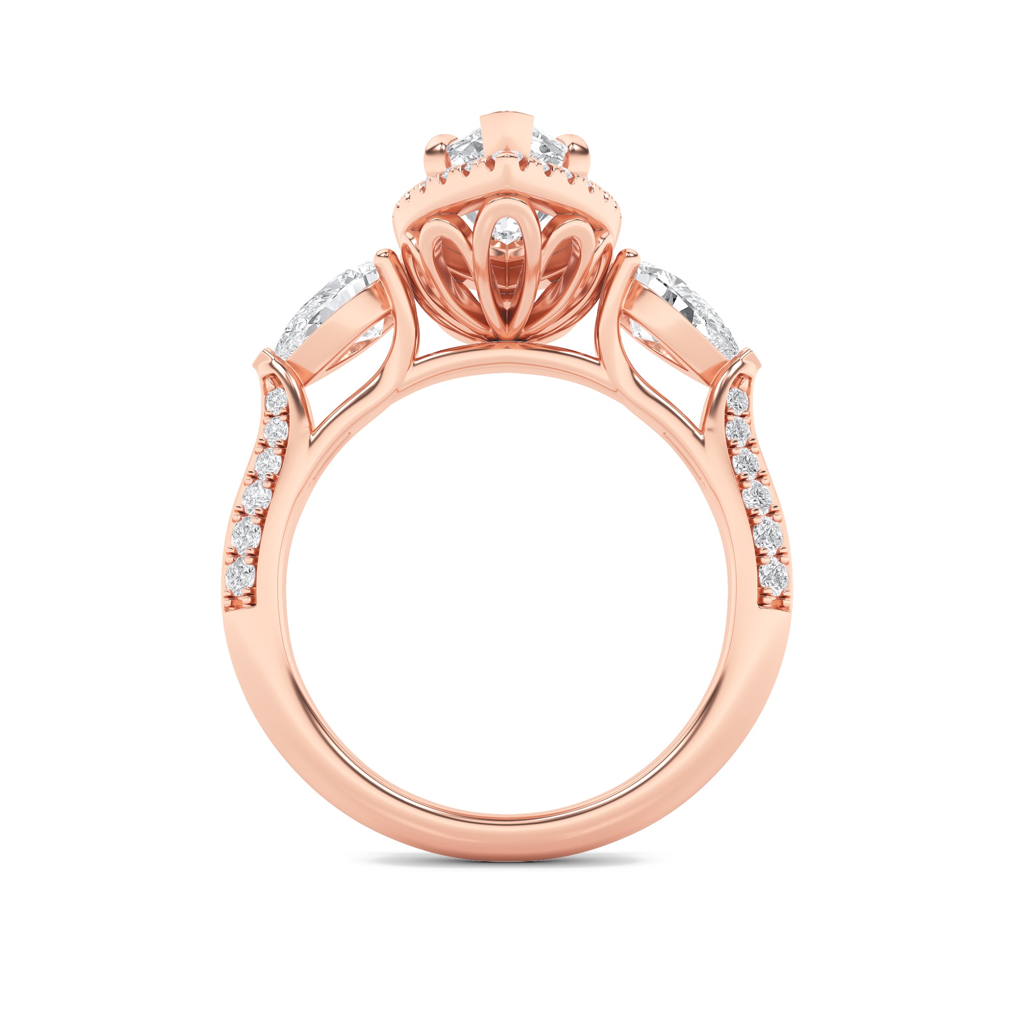 3CTW Marquise Shaped Lab Grown Diamond (F/VS) Three Stone Halo Enagement Ring in 14K Gold