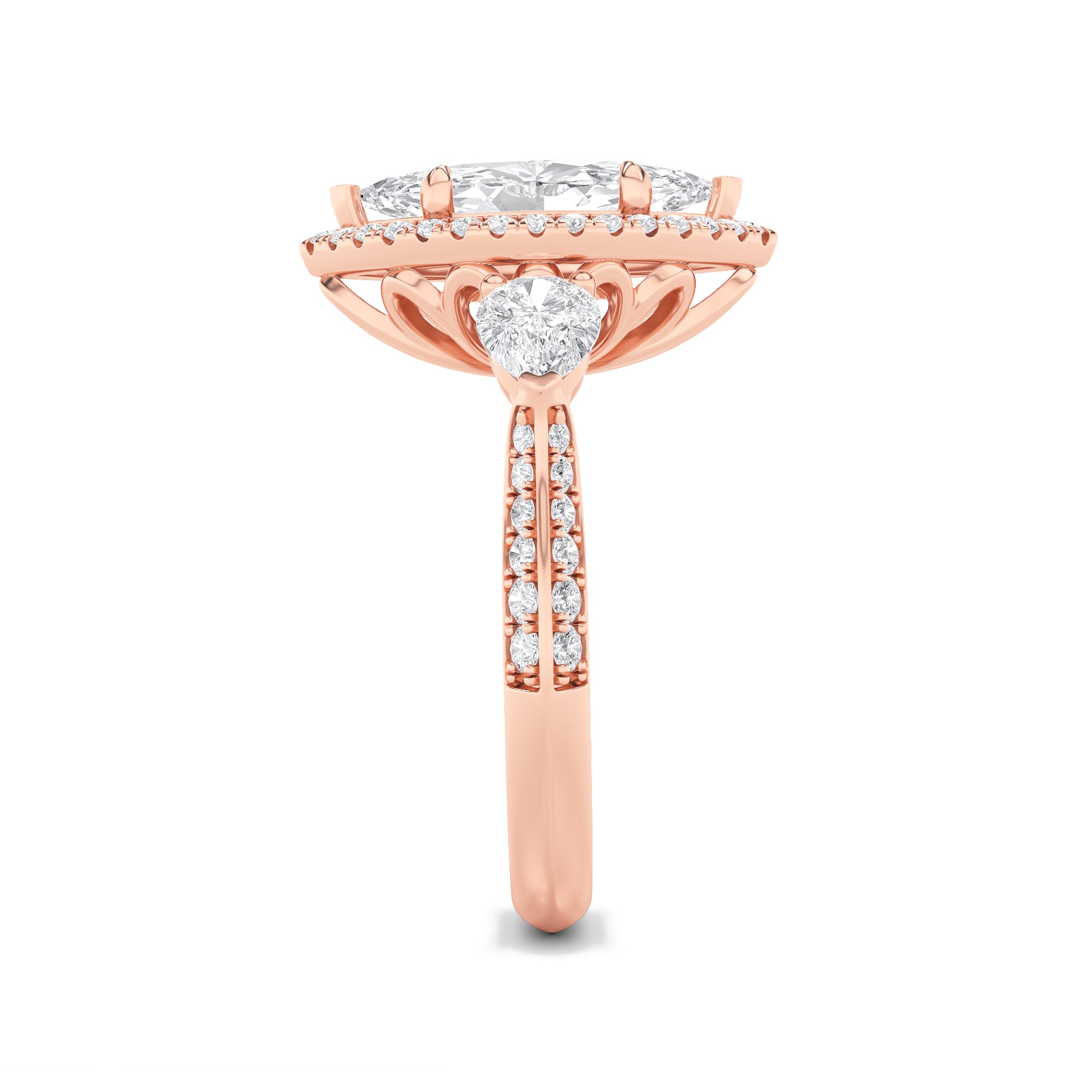 3CTW Marquise Shaped Lab Grown Diamond (F/VS) Three Stone Halo Enagement Ring in 14K Gold