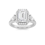3CTW Emerald Shaped Lab Grown Diamond (F/VS) Three Stone Bold Accented Engagement Ring in 14K Gold
