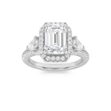 3CTW Emerald Shaped Lab Grown Diamond (F/VS) Three Stone Bold Accented Engagement Ring in 14K Gold