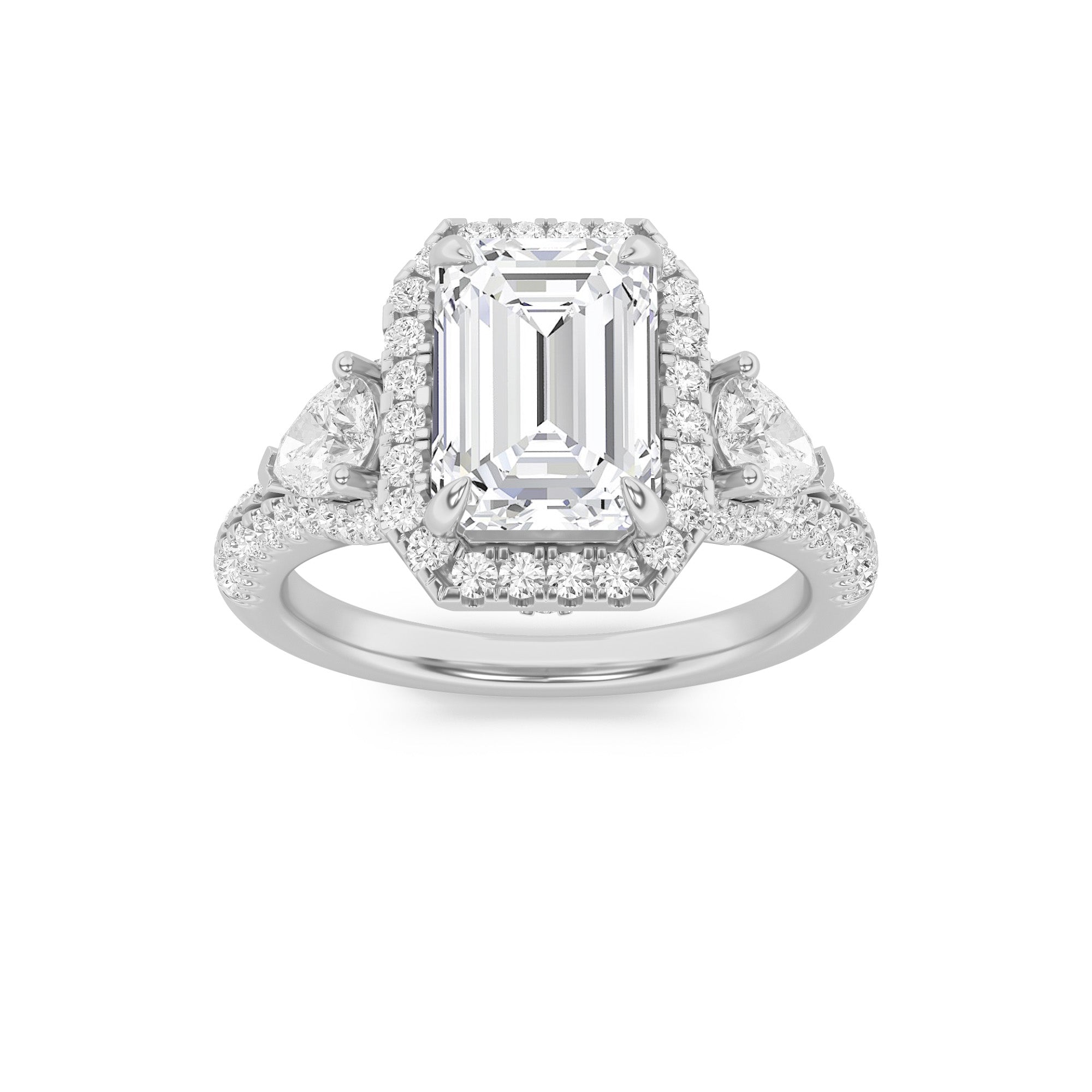 3CTW Emerald Shaped Lab Grown Diamond (F/VS) Three Stone Bold Accented Engagement Ring in 14K Gold