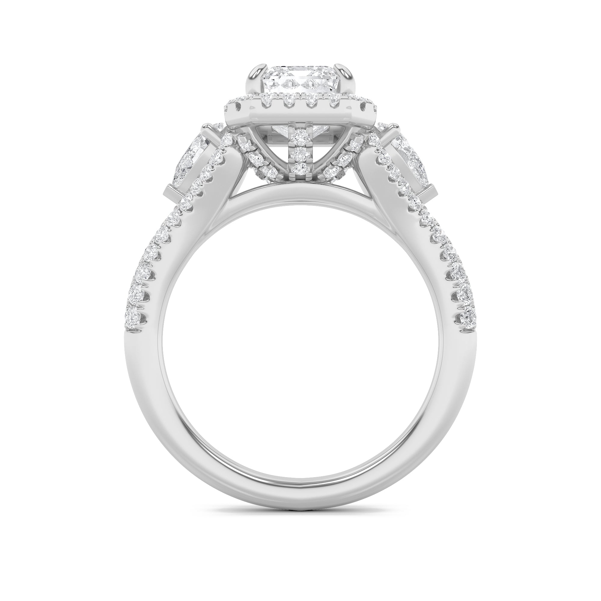 3CTW Emerald Shaped Lab Grown Diamond (F/VS) Three Stone Bold Accented Engagement Ring in 14K Gold
