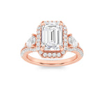 3CTW Emerald Shaped Lab Grown Diamond (F/VS) Three Stone Bold Accented Engagement Ring in 14K Gold