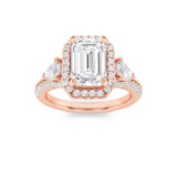 3CTW Emerald Shaped Lab Grown Diamond (F/VS) Three Stone Bold Accented Engagement Ring in 14K Gold