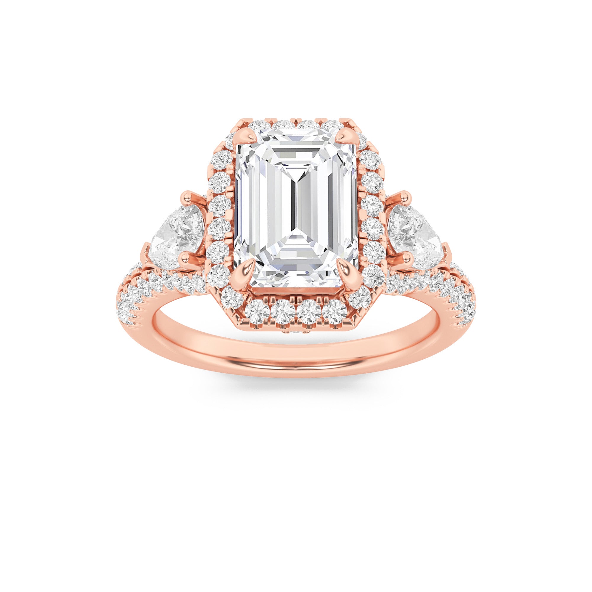 3CTW Emerald Shaped Lab Grown Diamond (F/VS) Three Stone Bold Accented Engagement Ring in 14K Gold