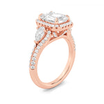 3CTW Emerald Shaped Lab Grown Diamond (F/VS) Three Stone Bold Accented Engagement Ring in 14K Gold