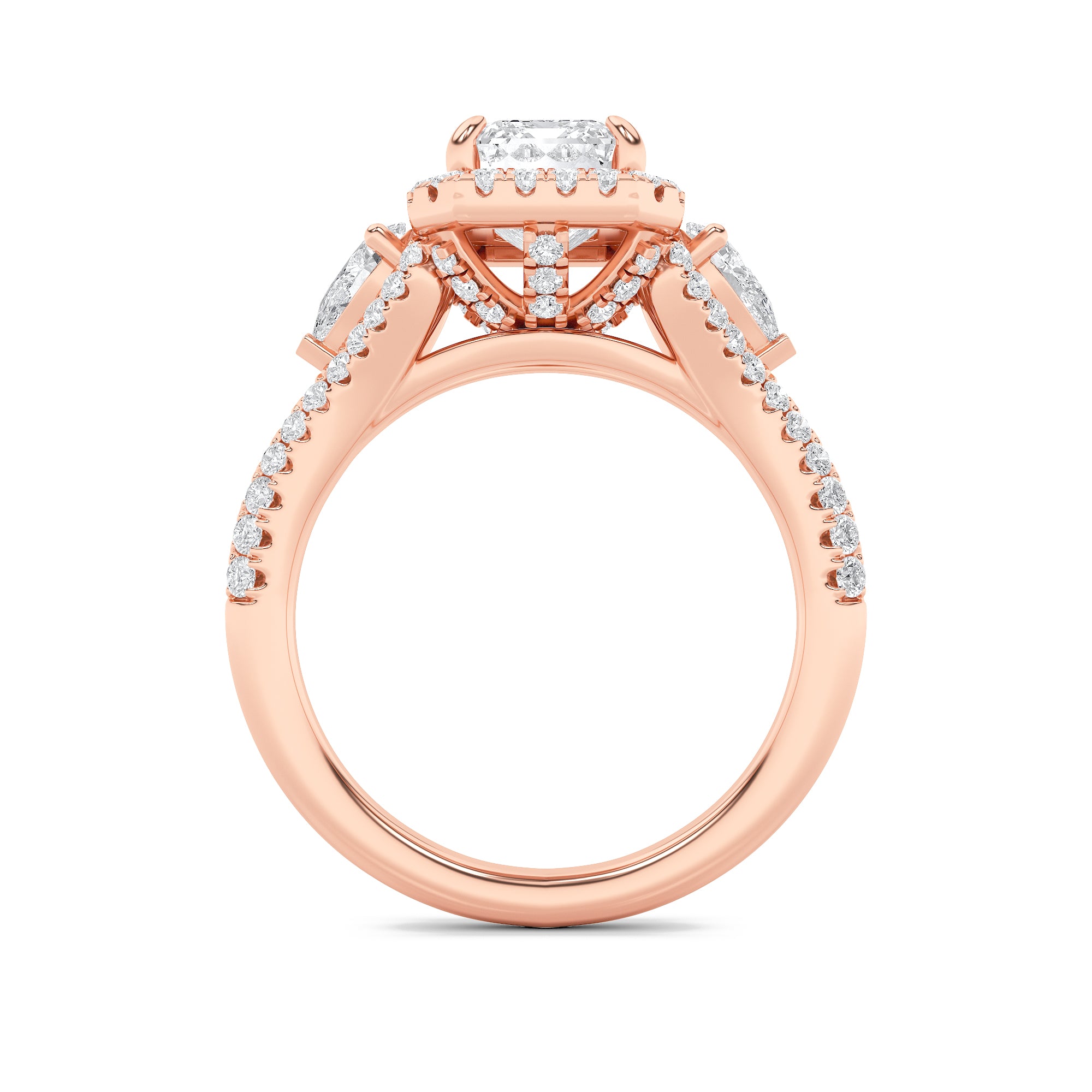 3CTW Emerald Shaped Lab Grown Diamond (F/VS) Three Stone Bold Accented Engagement Ring in 14K Gold