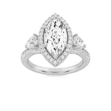 3CTW Marquise Shaped Lab Grown Diamond (F/VS) Three Stone Bold Accented Engagement Ring in 14K Gold