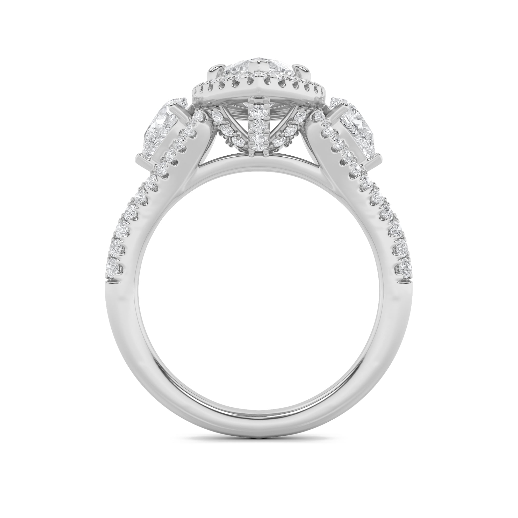 3CTW Marquise Shaped Lab Grown Diamond (F/VS) Three Stone Bold Accented Engagement Ring in 14K Gold