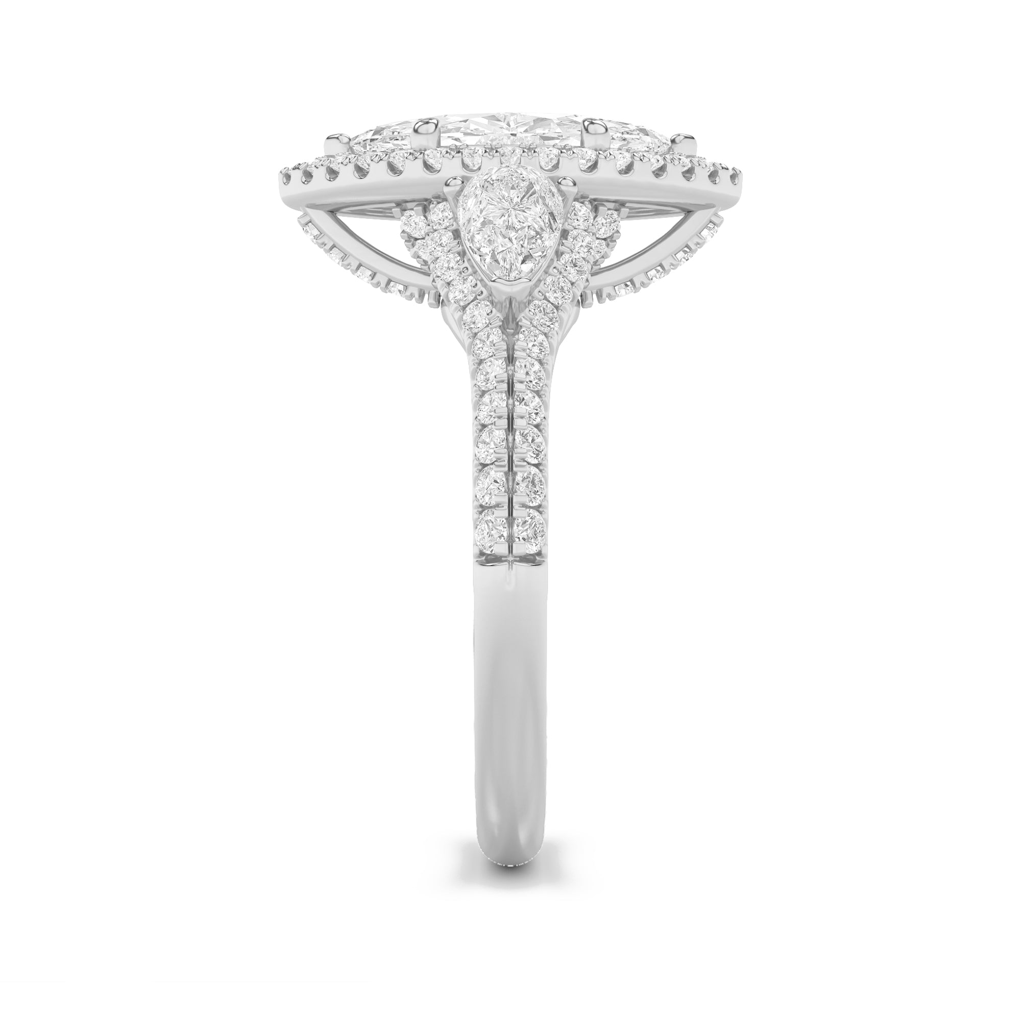 3CTW Marquise Shaped Lab Grown Diamond (F/VS) Three Stone Bold Accented Engagement Ring in 14K Gold
