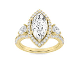 3CTW Marquise Shaped Lab Grown Diamond (G/VS) Three Stone Bold Accented Engagement Ring in 14K Gold
