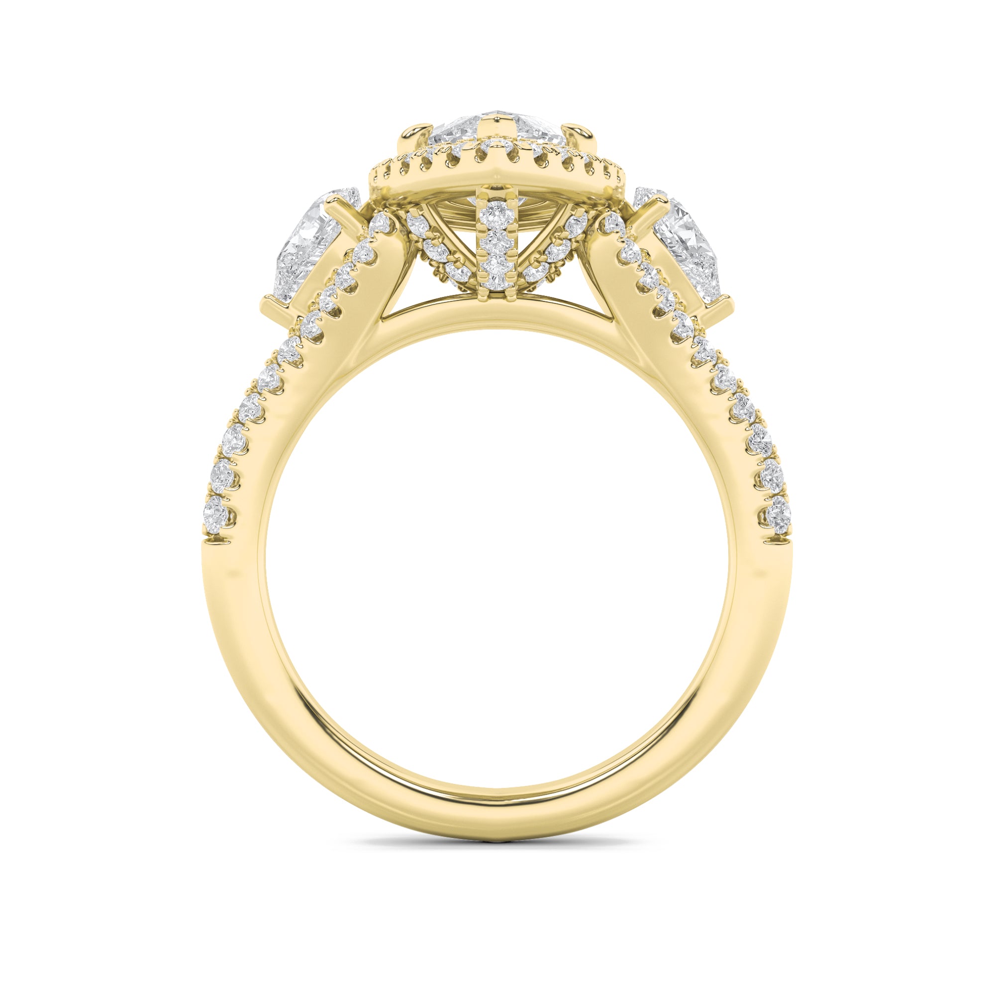 3CTW Marquise Shaped Lab Grown Diamond (G/VS) Three Stone Bold Accented Engagement Ring in 14K Gold