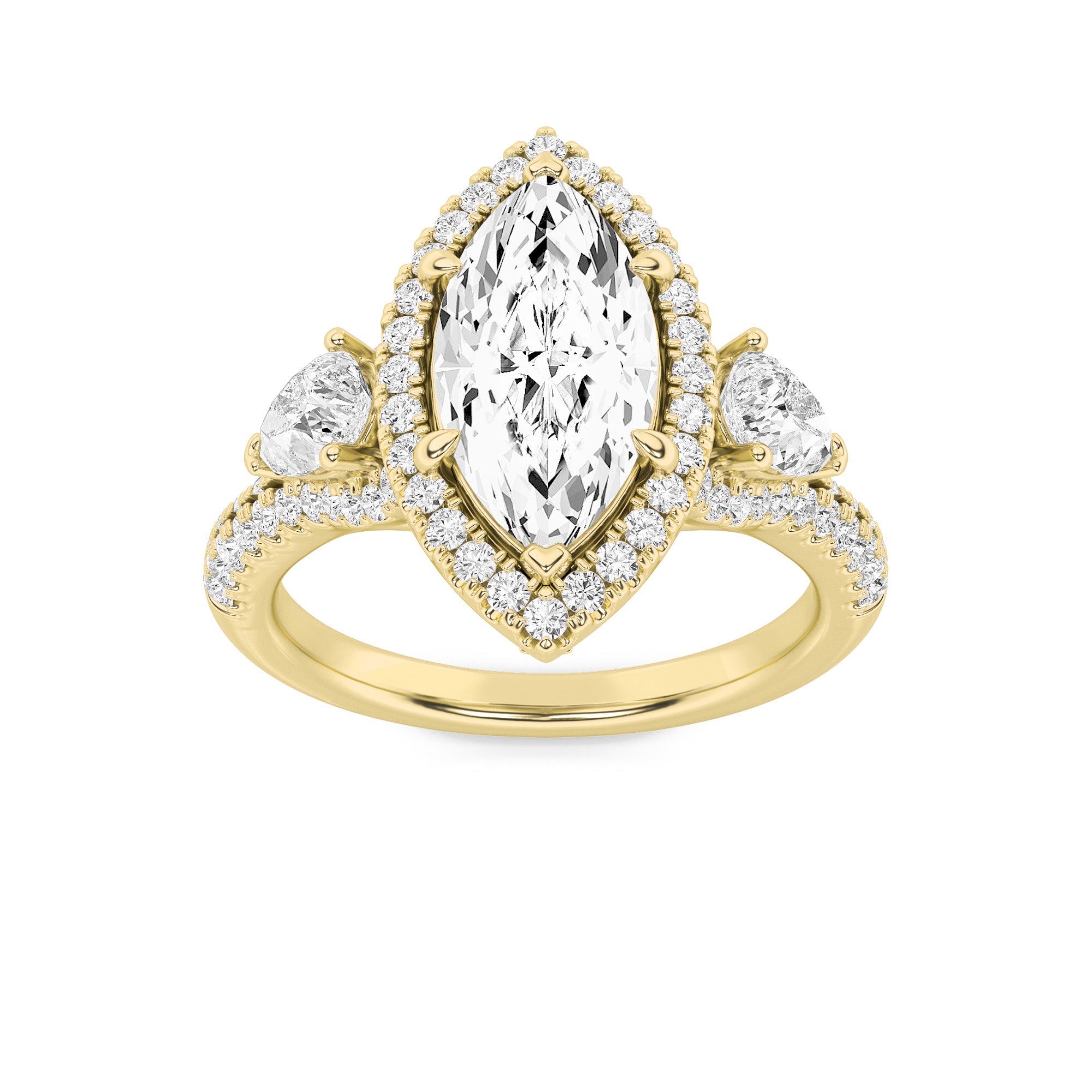 3Cttw Marquise Shaped Lab Grown Diamond (G/VS) Three Stone Bold Accented Engagement Ring in 14K Gold
