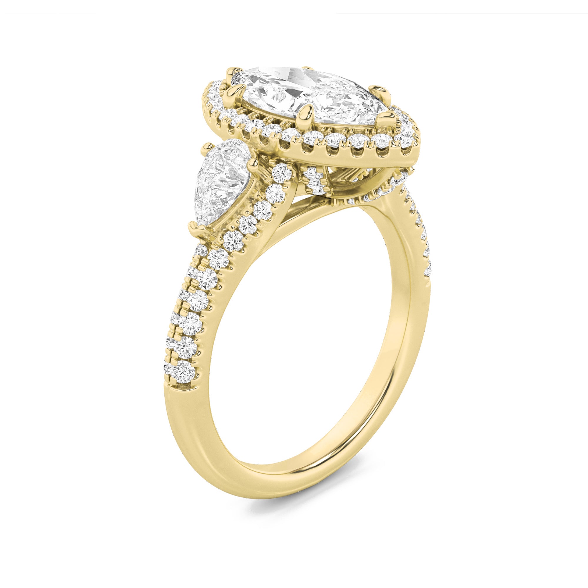 3Cttw Marquise Shaped Lab Grown Diamond (G/VS) Three Stone Bold Accented Engagement Ring in 14K Gold