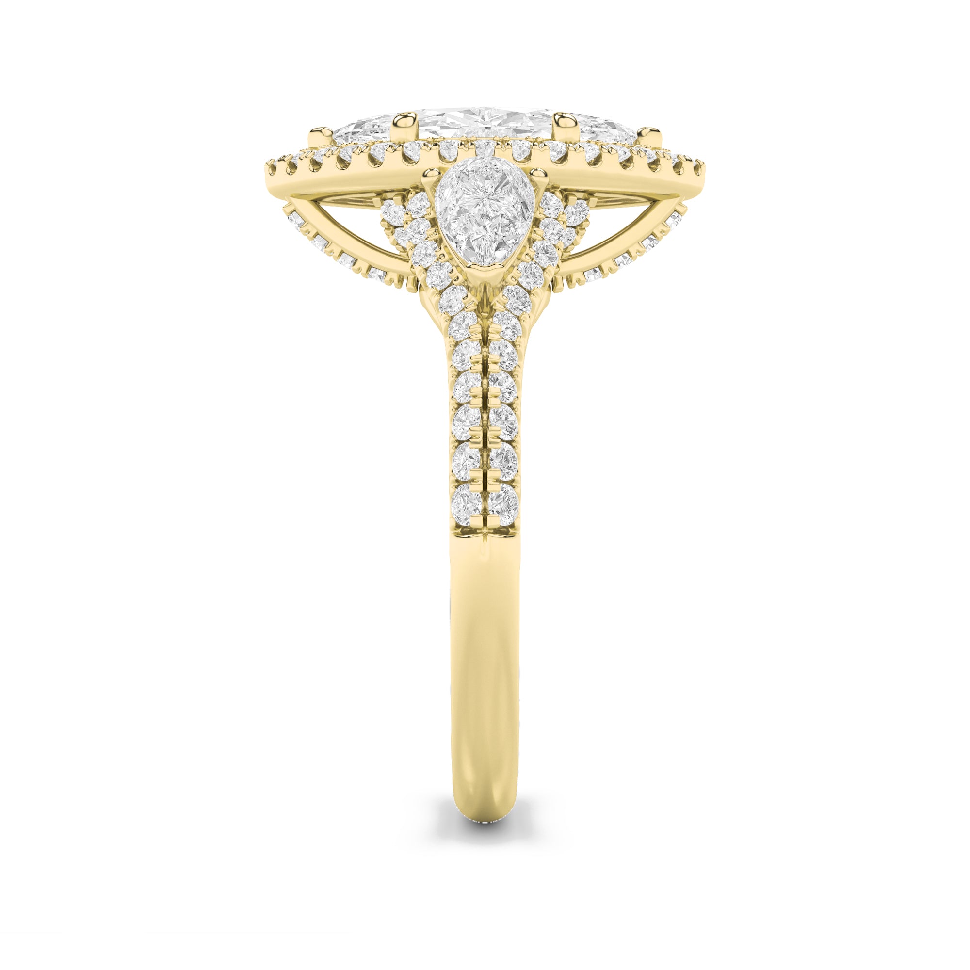 3Cttw Marquise Shaped Lab Grown Diamond (G/VS) Three Stone Bold Accented Engagement Ring in 14K Gold