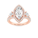 3CTW Marquise Shaped Lab Grown Diamond (F/VS) Three Stone Bold Accented Engagement Ring in 14K Gold