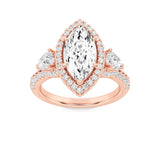 3CTW Marquise Shaped Lab Grown Diamond (F/VS) Three Stone Bold Accented Engagement Ring in 14K Gold