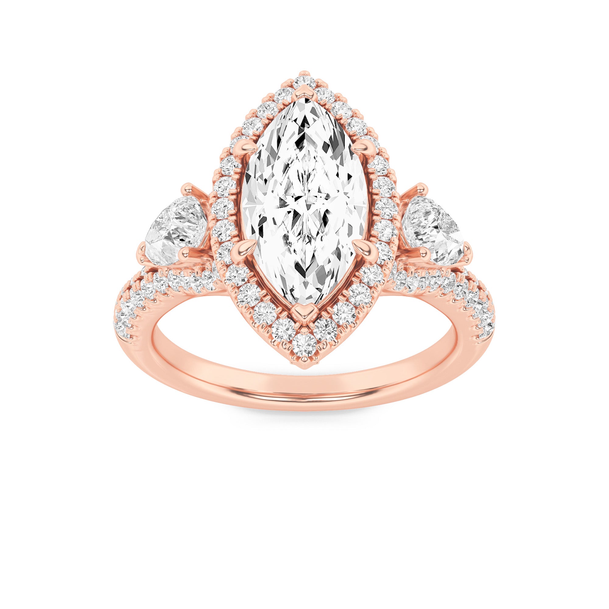 3CTW Marquise Shaped Lab Grown Diamond (F/VS) Three Stone Bold Accented Engagement Ring in 14K Gold