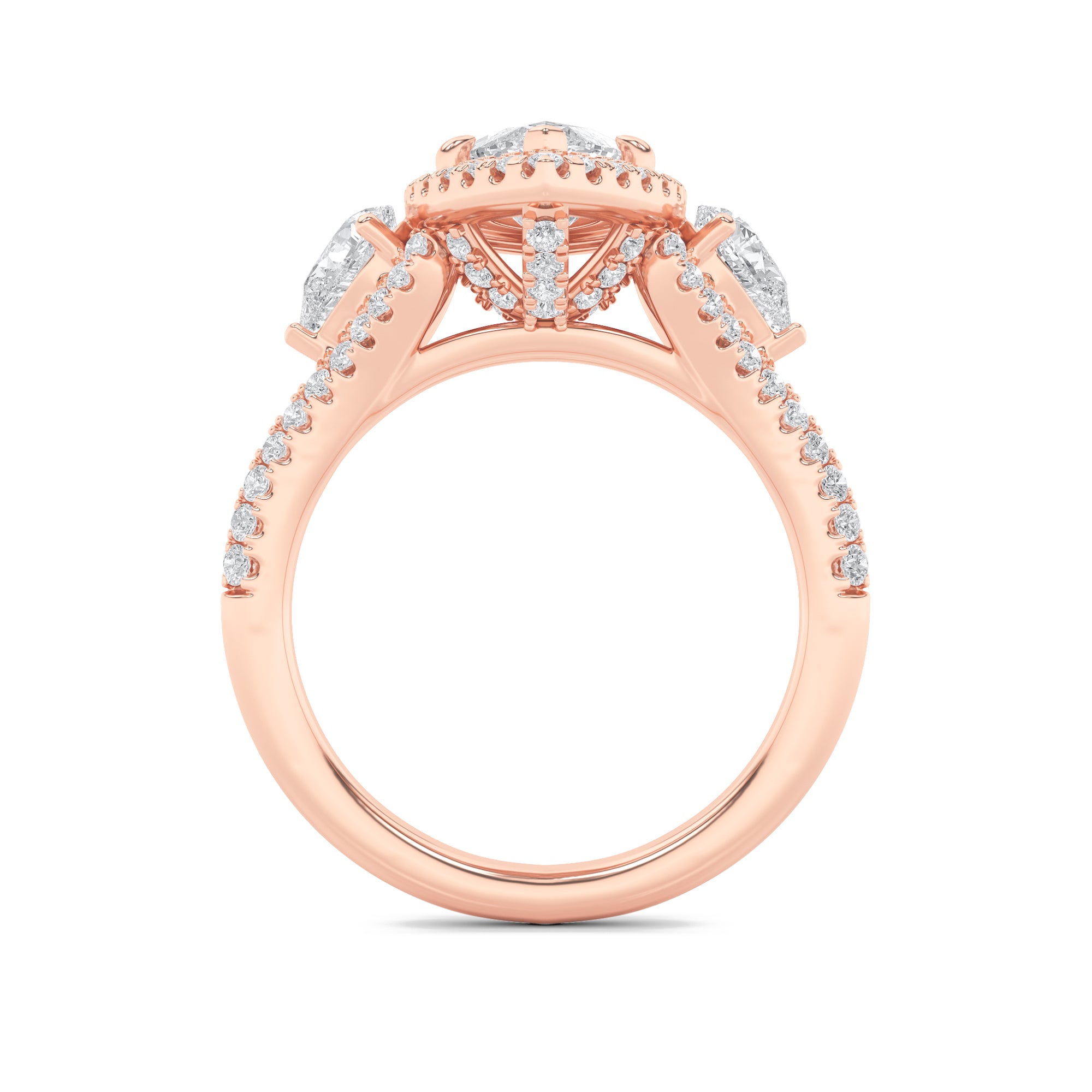 3CTW Marquise Shaped Lab Grown Diamond (F/VS) Three Stone Bold Accented Engagement Ring in 14K Gold