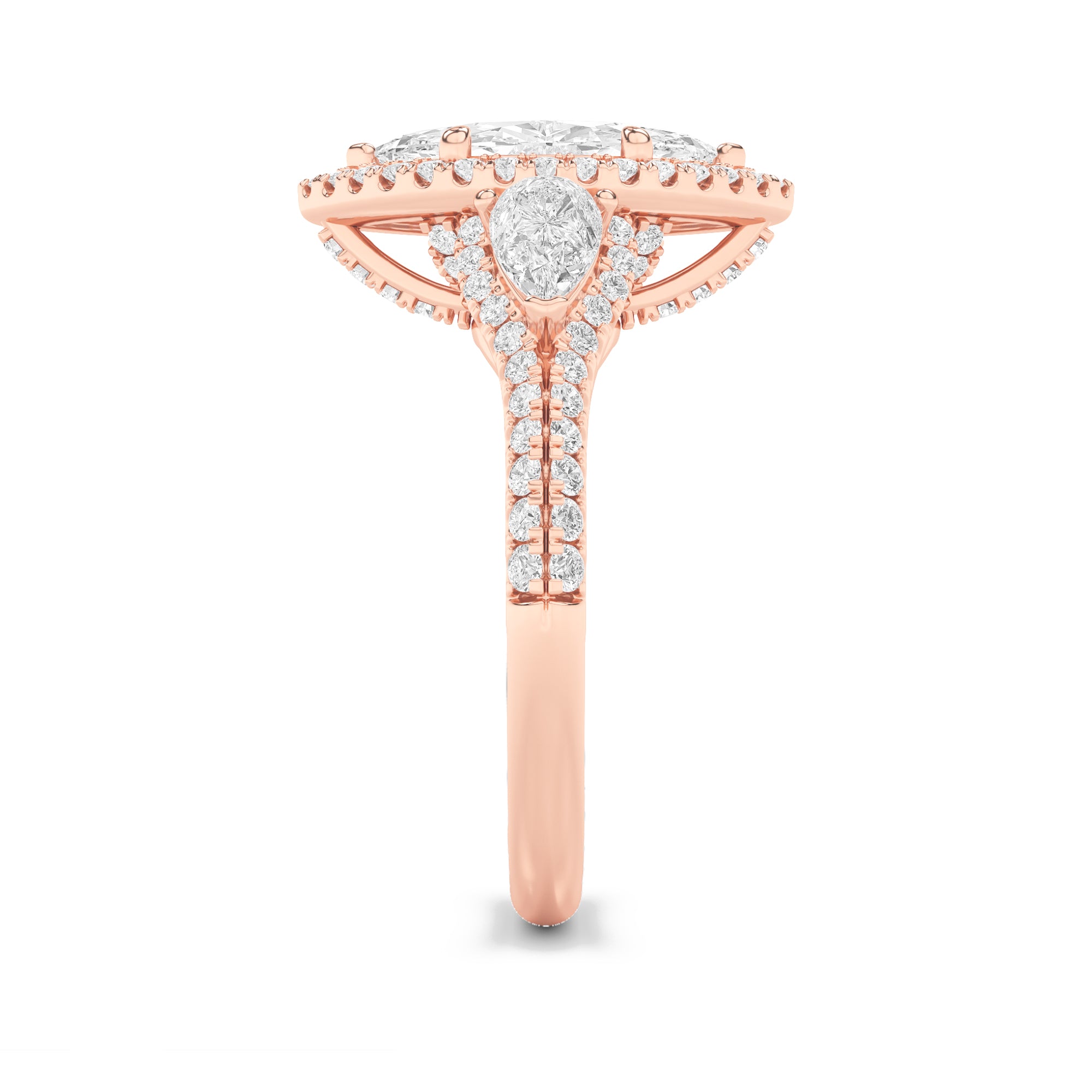 3CTW Marquise Shaped Lab Grown Diamond (F/VS) Three Stone Bold Accented Engagement Ring in 14K Gold