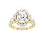 3CTW Oval Shaped Lab Grown Diamond (F/VS) Three Stone Bold Accented Engagement Ring in 14K Gold