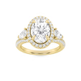 3CTW Oval Shaped Lab Grown Diamond (F/VS) Three Stone Bold Accented Engagement Ring in 14K Gold