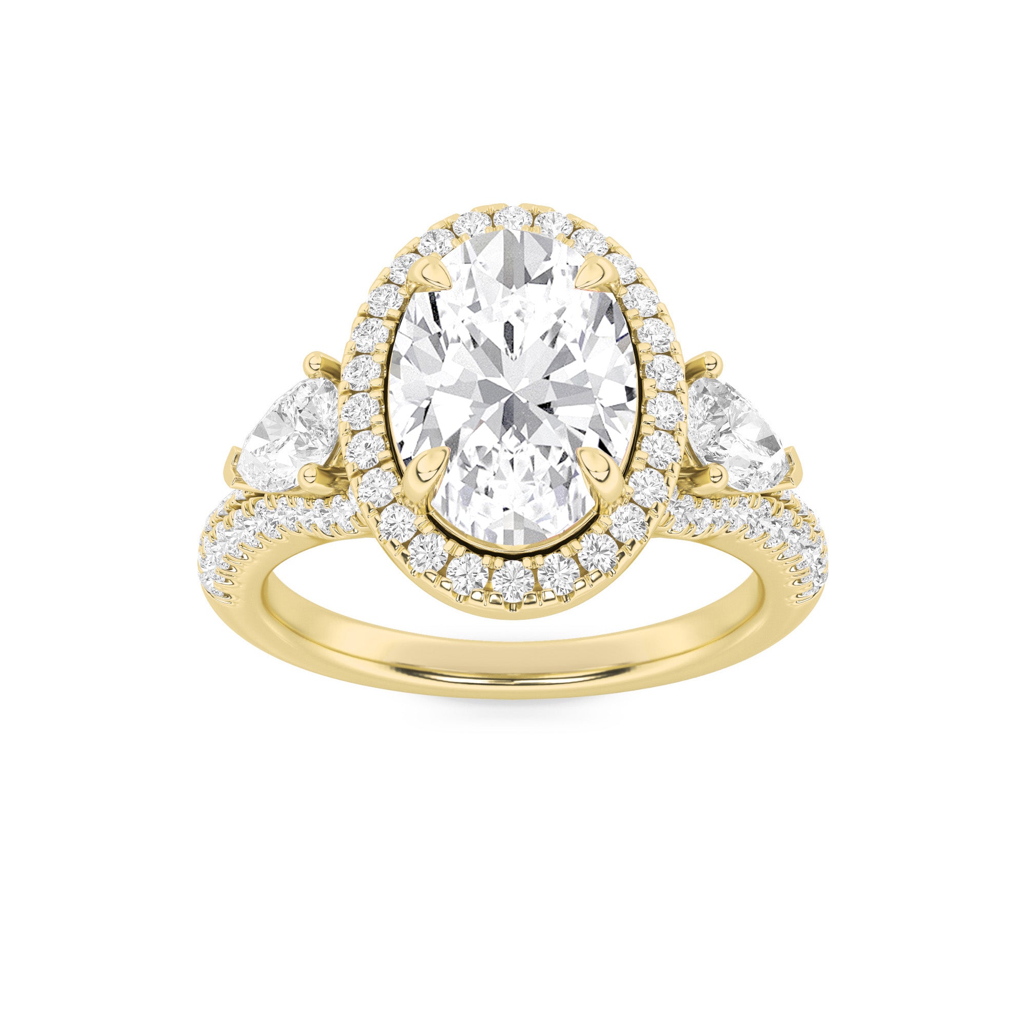 3CTW Oval Shaped Lab Grown Diamond (F/VS) Three Stone Bold Accented Engagement Ring in 14K Gold