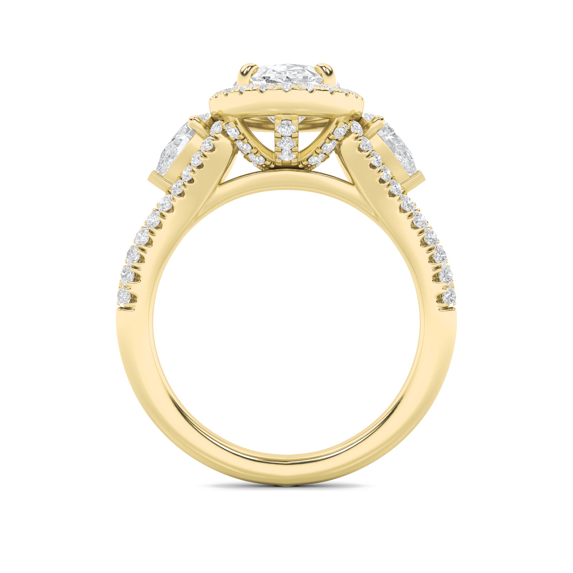 3CTW Oval Shaped Lab Grown Diamond (F/VS) Three Stone Bold Accented Engagement Ring in 14K Gold