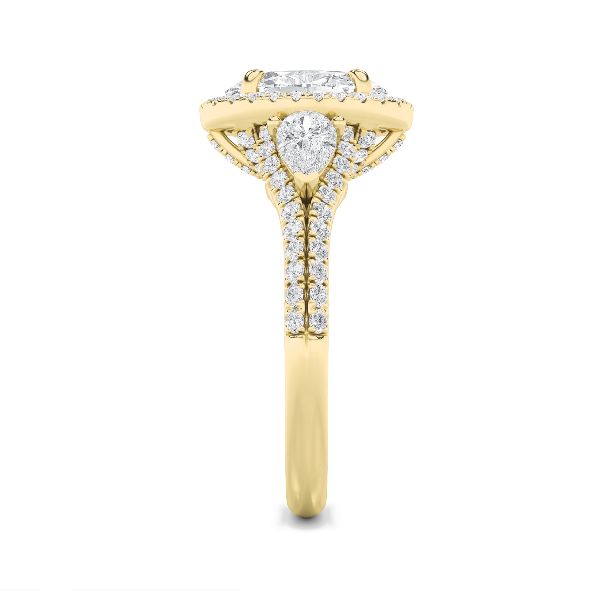 3CTW Oval Shaped Lab Grown Diamond (F/VS) Three Stone Bold Accented Engagement Ring in 14K Gold