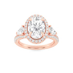 3CTW Oval Shaped Lab Grown Diamond (F/VS) Three Stone Bold Accented Engagement Ring in 14K Gold