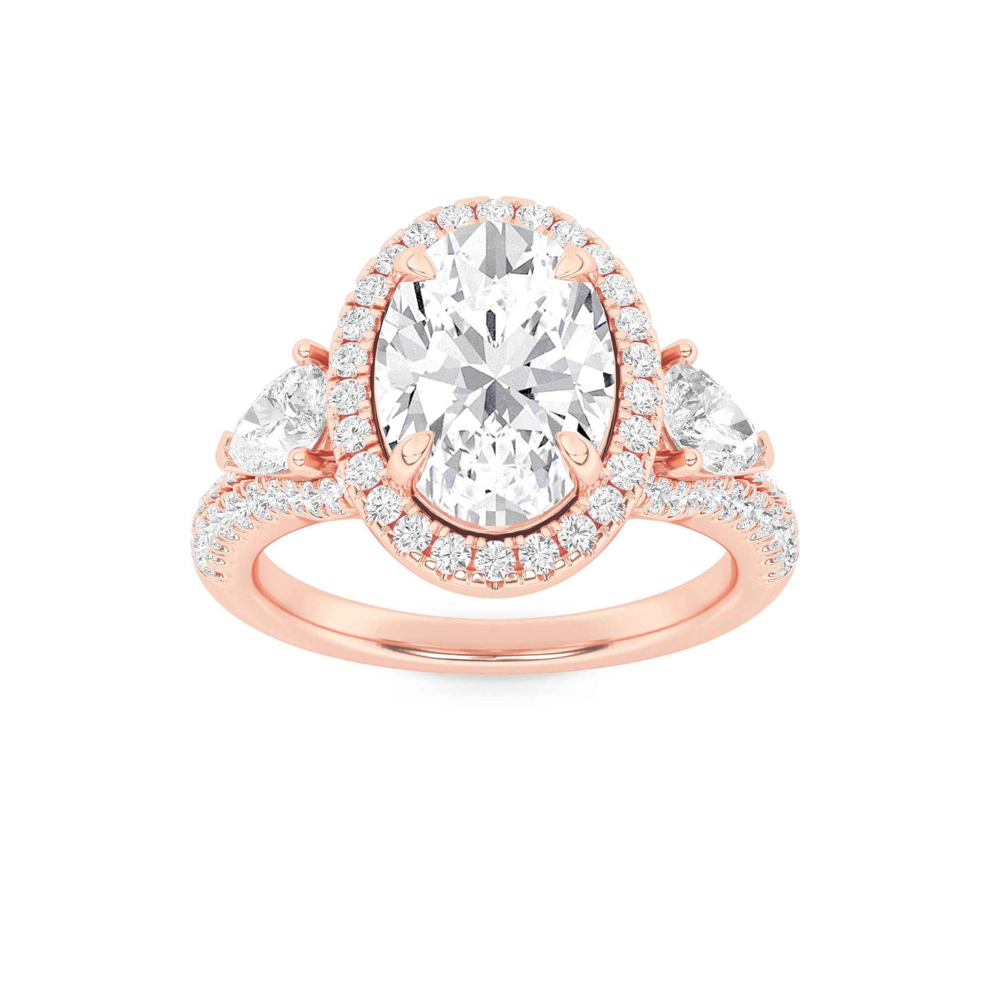 3CTW Oval Shaped Lab Grown Diamond (F/VS) Three Stone Bold Accented Engagement Ring in 14K Gold