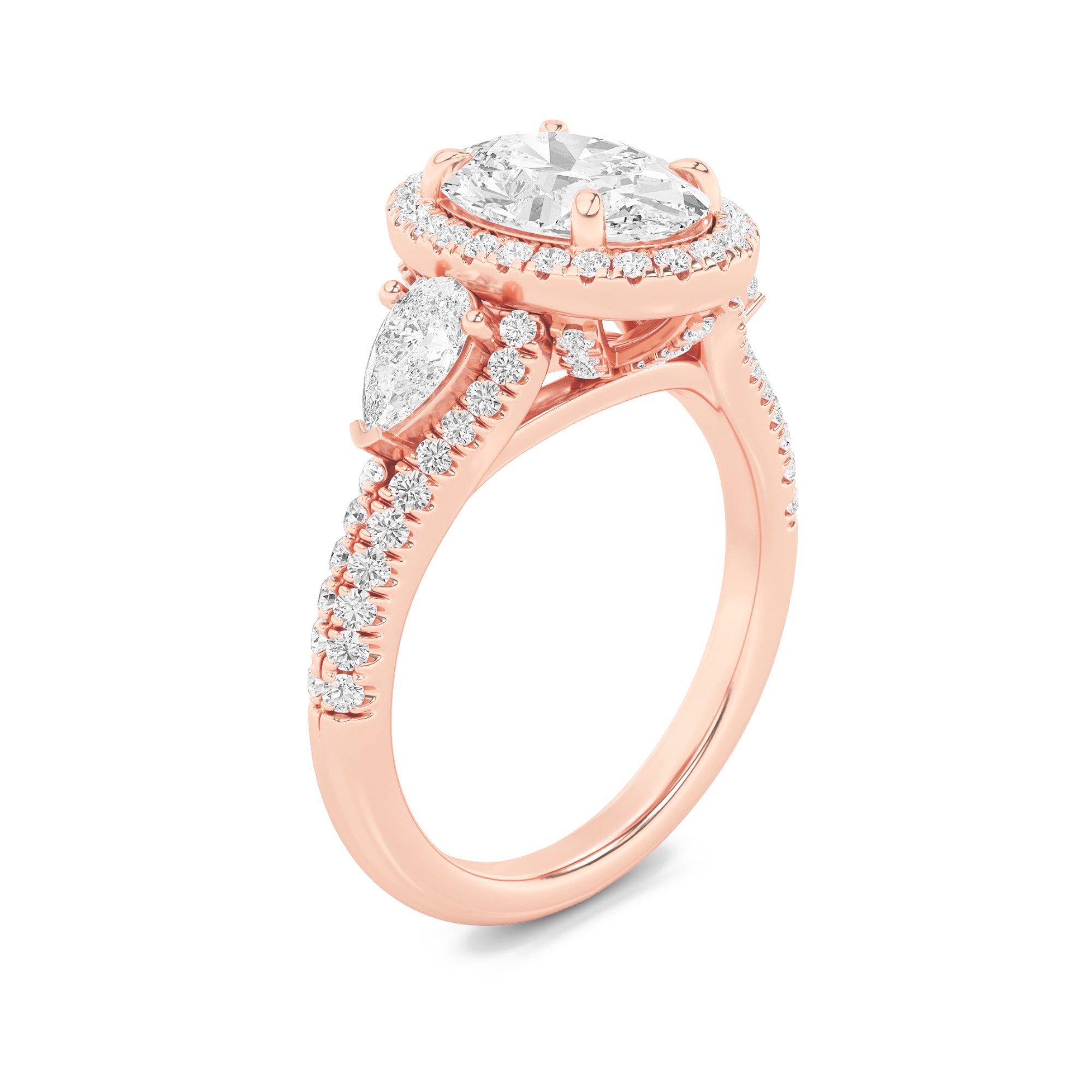 3CTW Oval Shaped Lab Grown Diamond (F/VS) Three Stone Bold Accented Engagement Ring in 14K Gold
