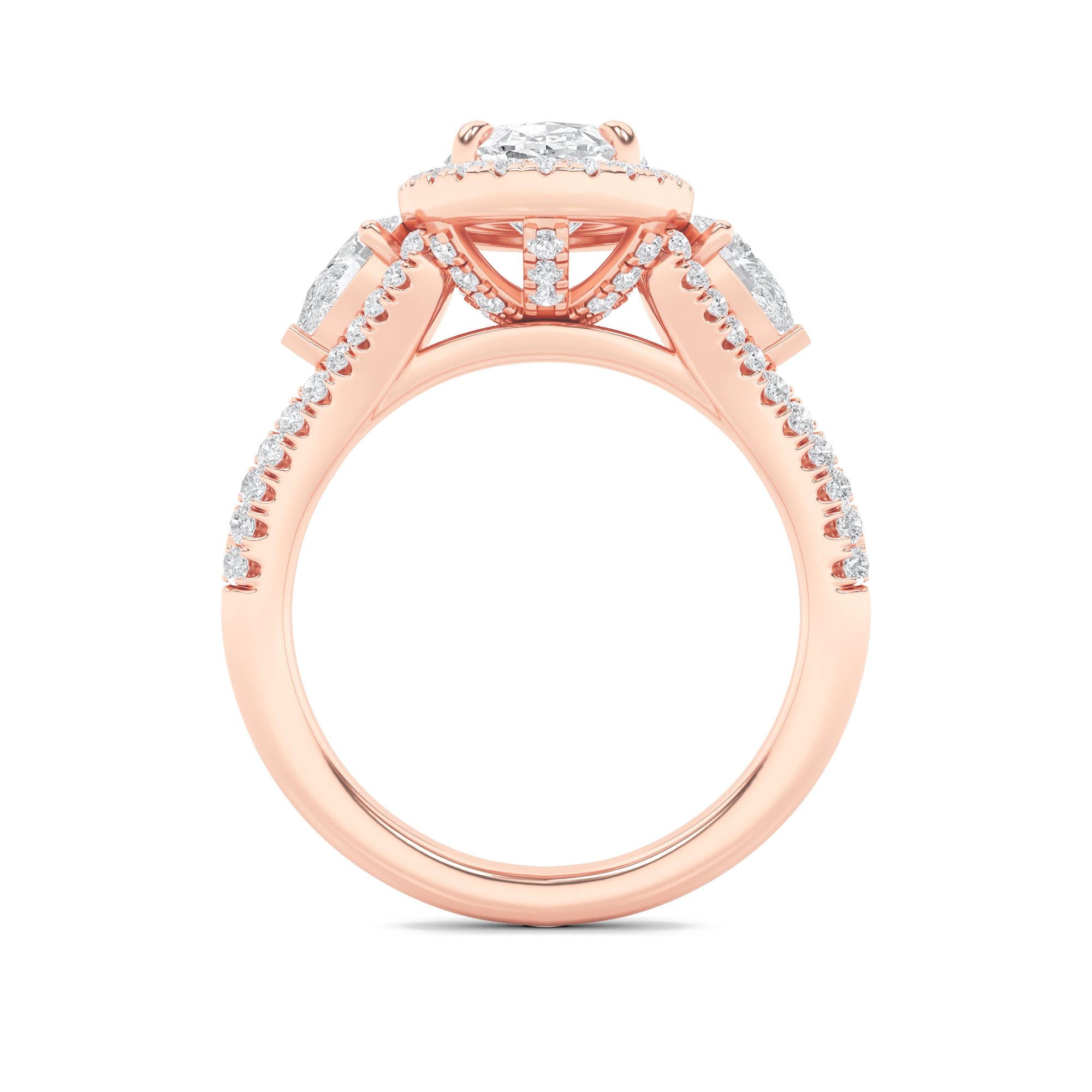 3CTW Oval Shaped Lab Grown Diamond (F/VS) Three Stone Bold Accented Engagement Ring in 14K Gold